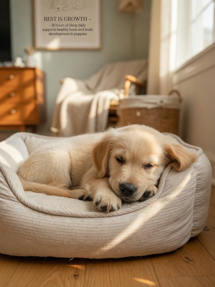 A sleepy golden retriever puppy with cream-colored coat curled up in a cozy bed, bathed in warm sunlight streaming through a bedroom window