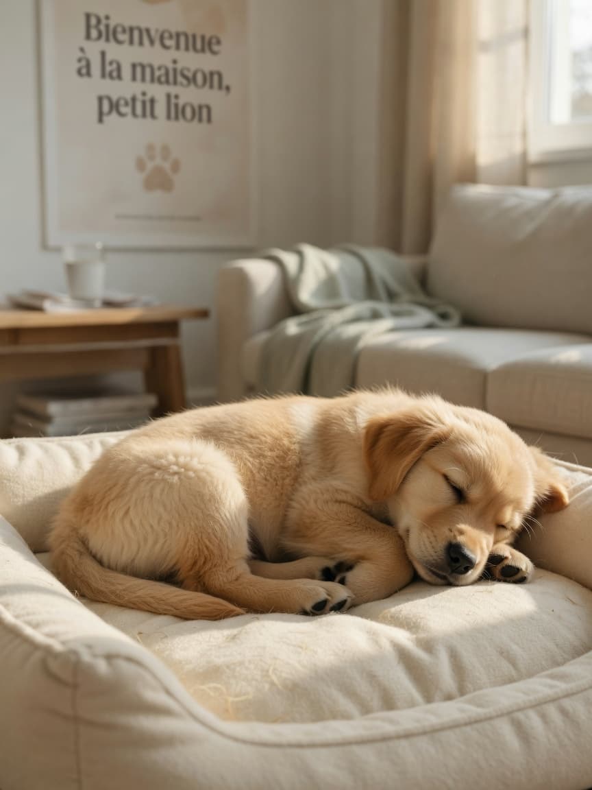 Sleeping 8-week-old Golden Retriever puppy with golden coat curled up peacefully in a cream dog bed with warm natural sunlight