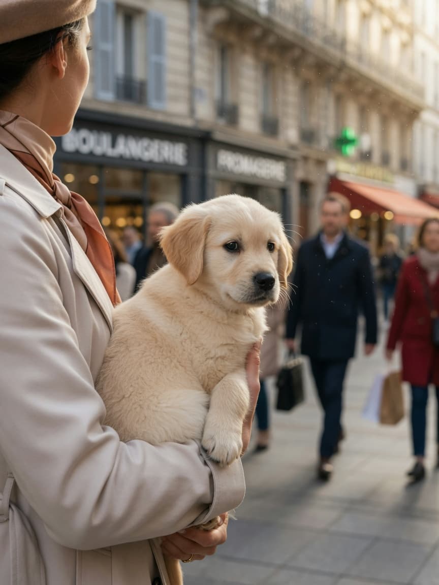A young golden retriever puppy being safely carried through a busy urban environment, observing pedestrians and surroundings with calm curiosity during the critical socialisation window.