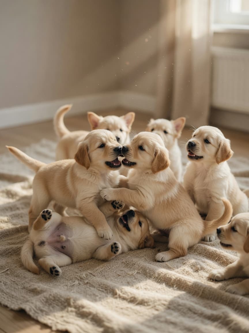 A litter of eight-week-old cream and tan Golden Retriever puppies playing and wrestling together on a soft blanket in natural window light, demonstrating littermate bite inhibition learning.