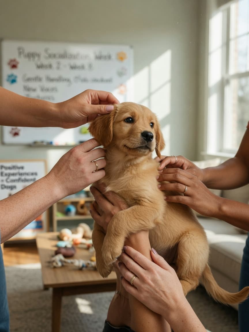 A young puppy being gently touched by multiple hands from different people during a safe socialization session indoors