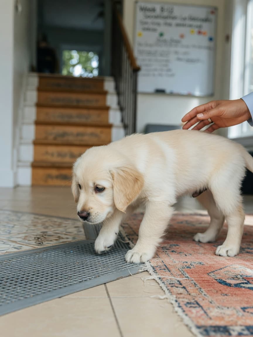 Golden Retriever puppy during socialization exploring multiple surfaces and textures indoors