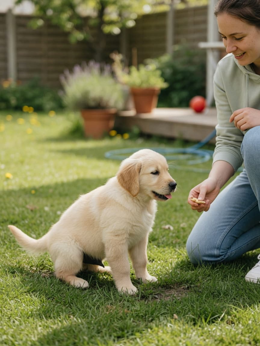 Young golden retriever puppy toileting outdoors while attentive owner watches nearby with treat ready