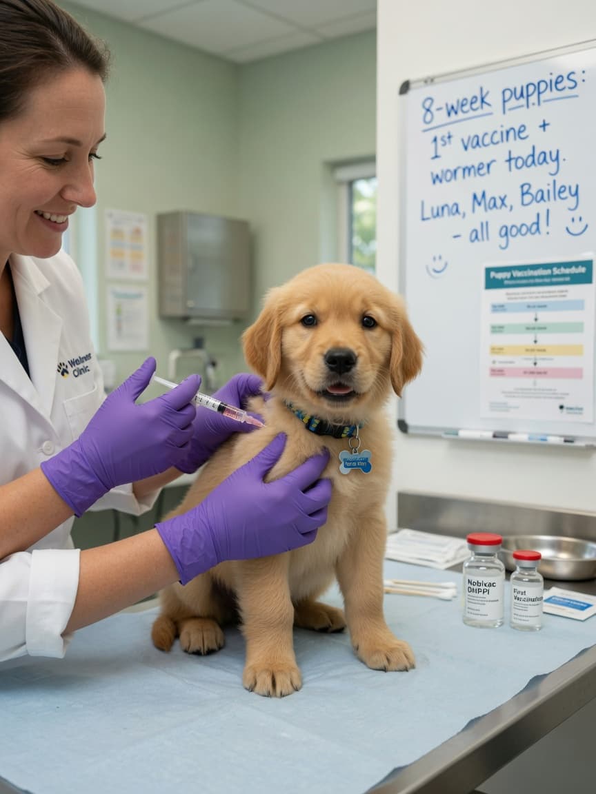 Veterinarian administering first vaccination injection to young Golden Retriever puppy in clinic