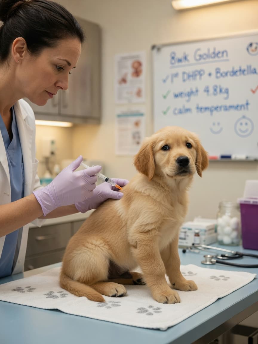 Veterinarian administering first vaccination to an 8-week-old Golden Retriever puppy