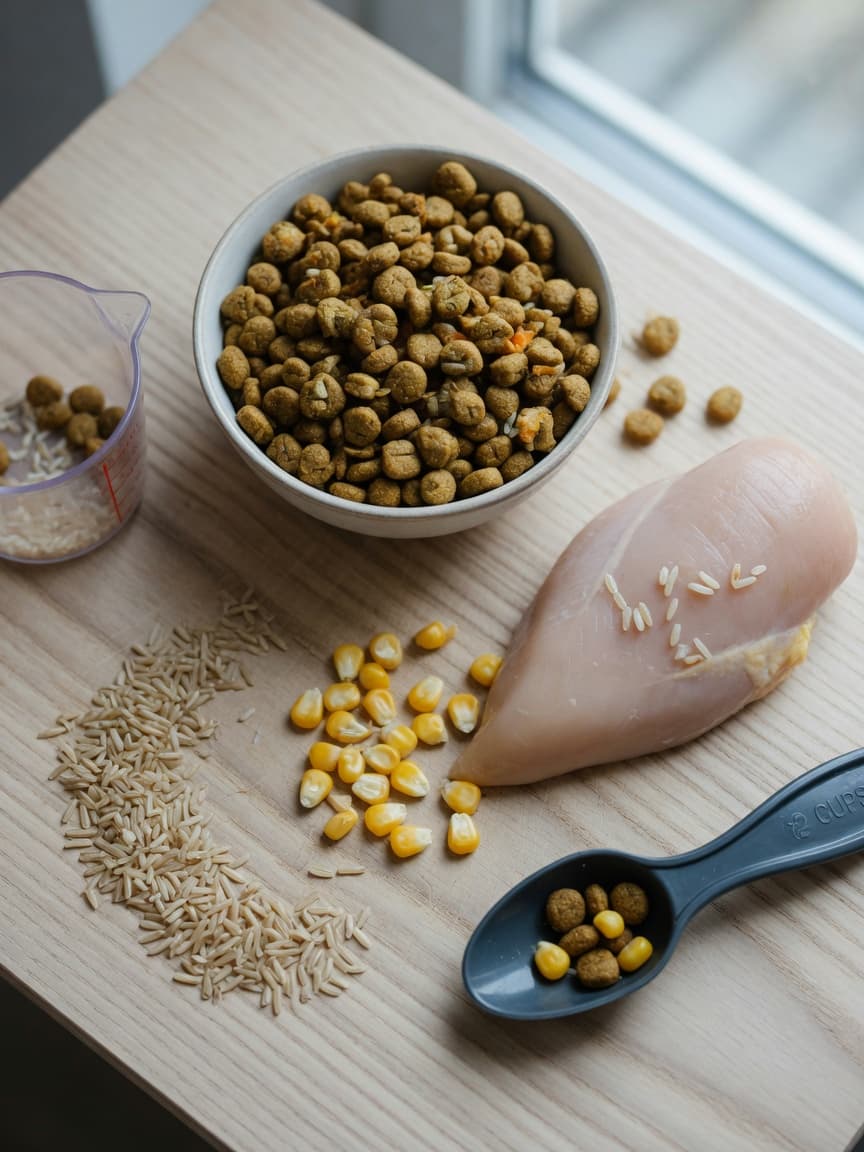 Flat lay of dog food ingredients including kibble, raw chicken, rice, and corn on a wooden surface with natural lighting