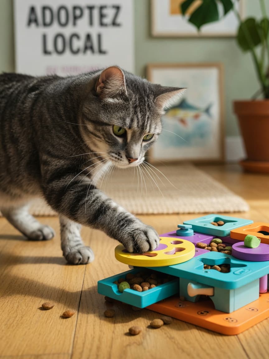 Tabby cat with extended paw engaging with a puzzle feeder toy on a wooden floor, kibble visible in compartments, natural window light