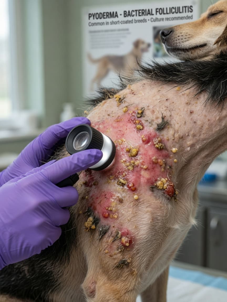 Veterinarian examining dog's infected skin area during pyoderma assessment