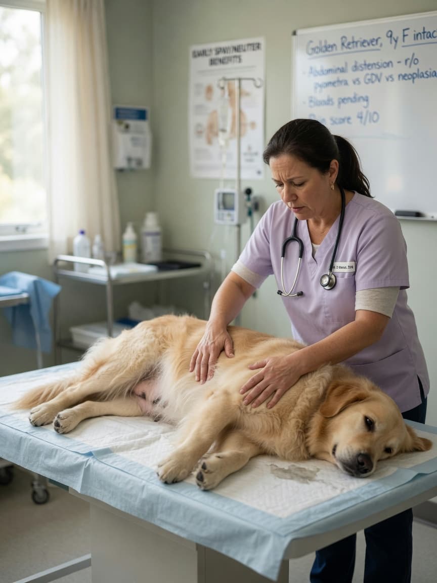 Veterinarian examining distended abdomen of lethargic Golden Retriever during emergency examination
