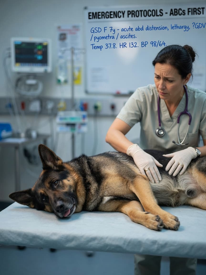 Veterinarian performing abdominal examination on lethargic female dog showing signs of pyometra distension