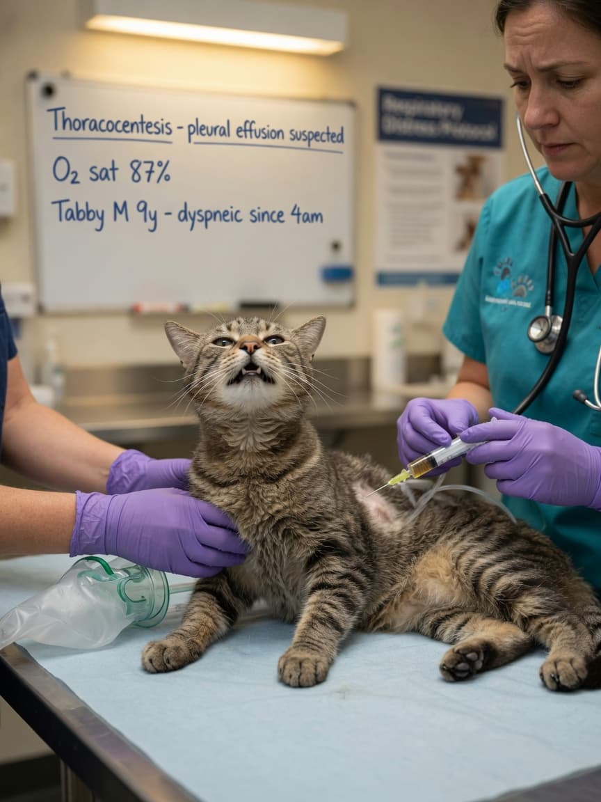 Veterinarian performing thoracocentesis chest drainage on a sick tabby cat in respiratory distress on an examination table