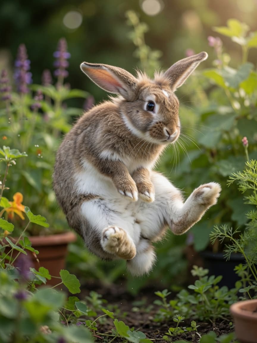 A brown and white rabbit mid-binky, leaping joyfully into the air with twisted hind legs, captured against a soft garden background