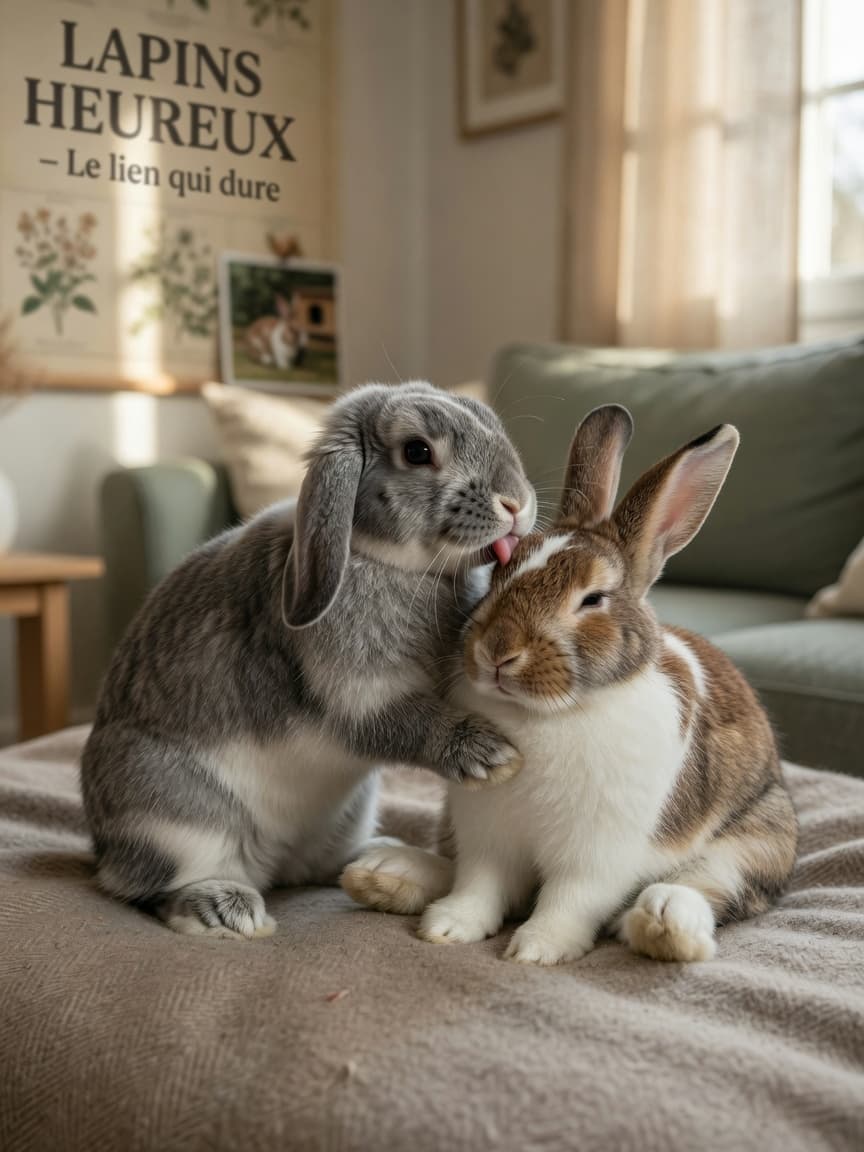 Two bonded rabbits grooming each other affectionately on a soft blanket, showing successful pair bonding