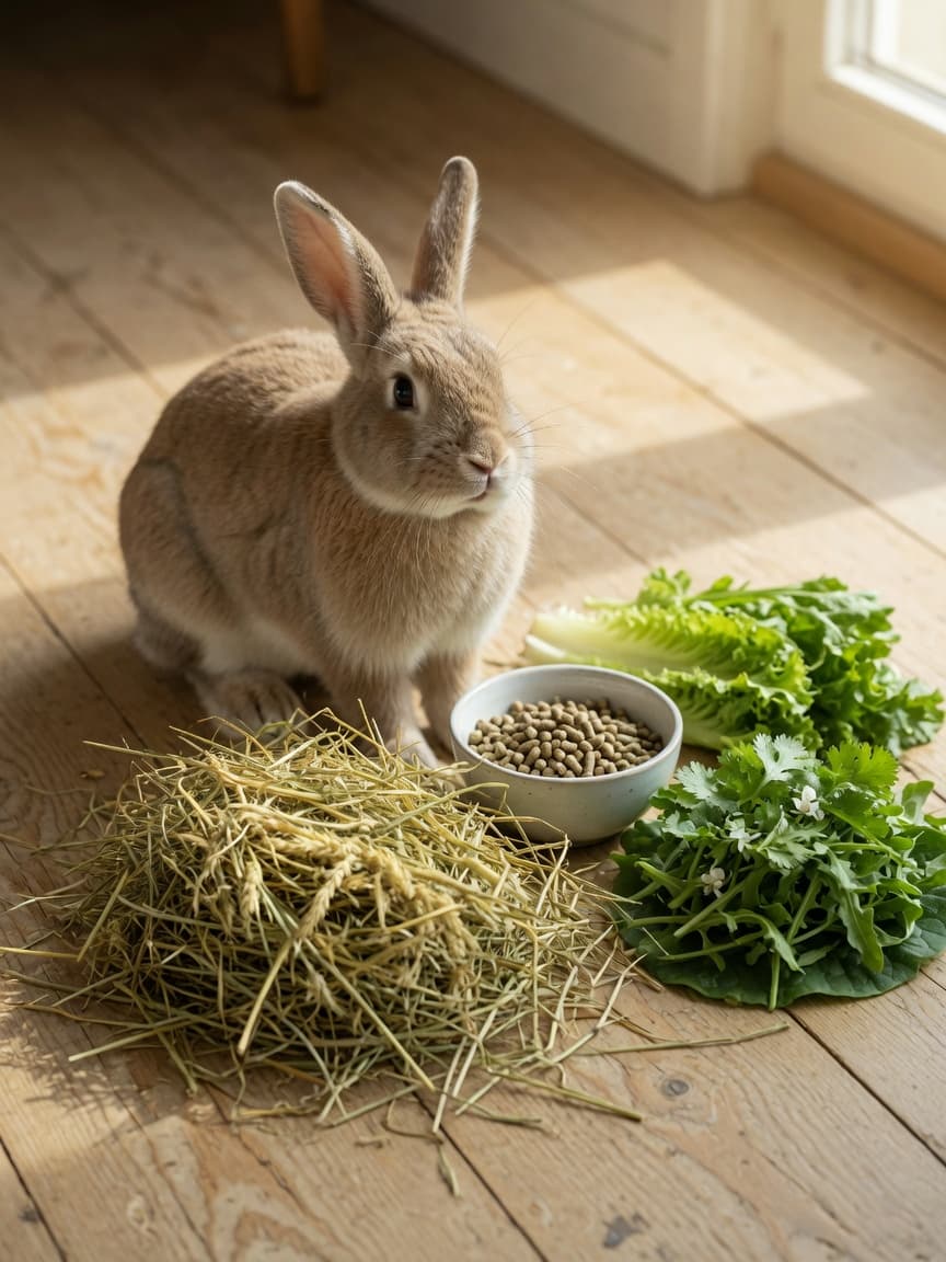 Adult rabbit with timothy hay, pellets, and fresh leafy greens arranged in front, demonstrating the proper rabbit diet composition