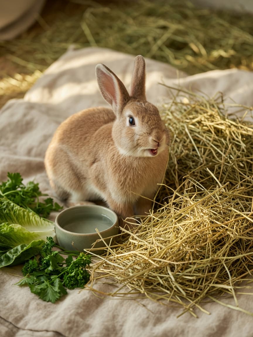 Healthy rabbit surrounded by fresh timothy hay, leafy greens, and water bowl showing proper diet composition