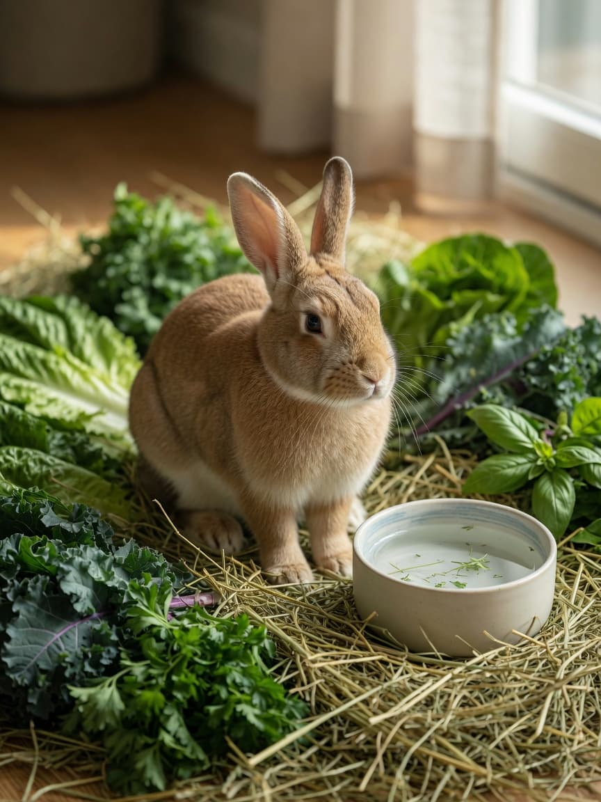 A healthy rabbit surrounded by Timothy hay, fresh leafy greens, and a water bowl in natural daylight
