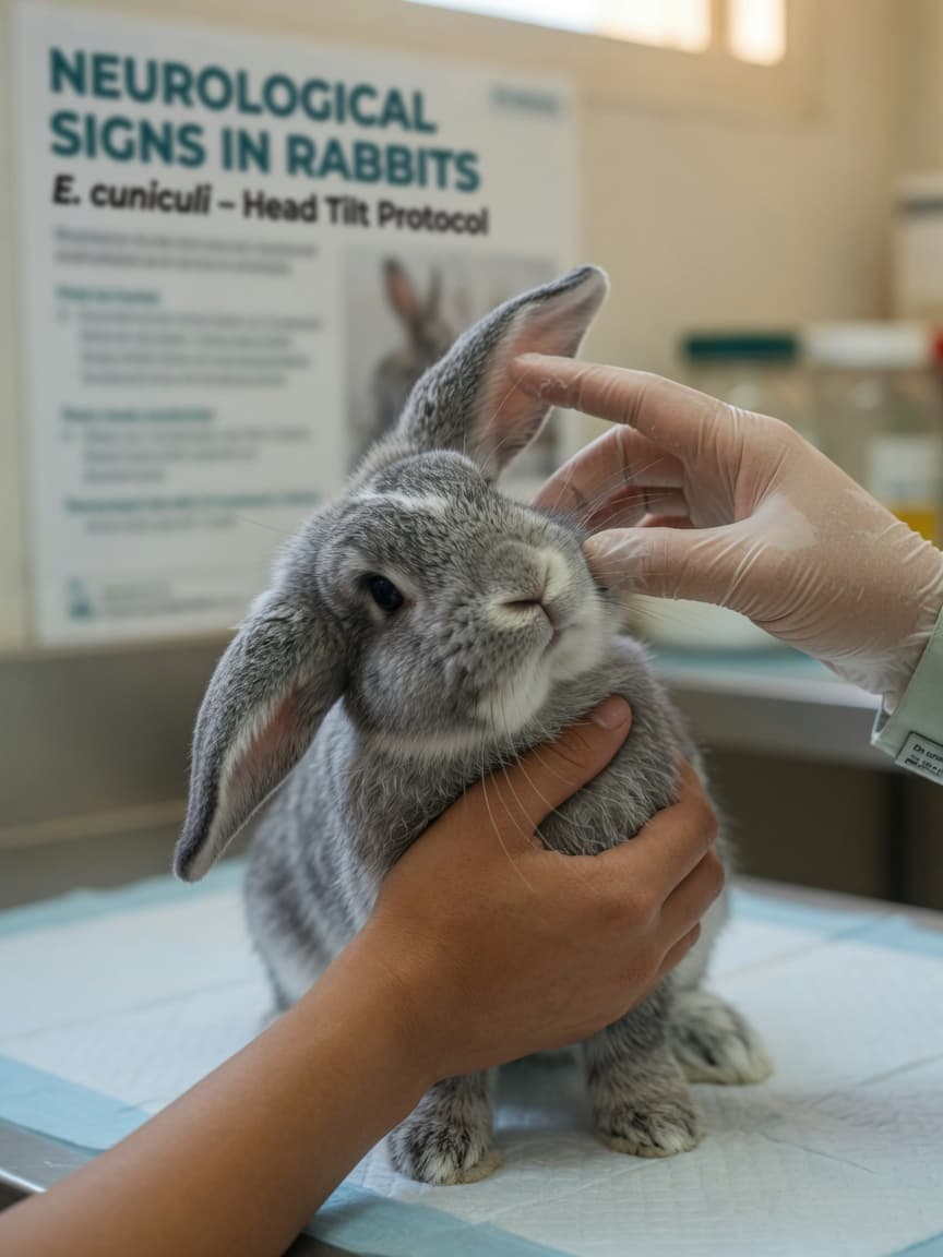 Veterinarian examining a rabbit with head tilt, examining for encephalitozoon cuniculi disease