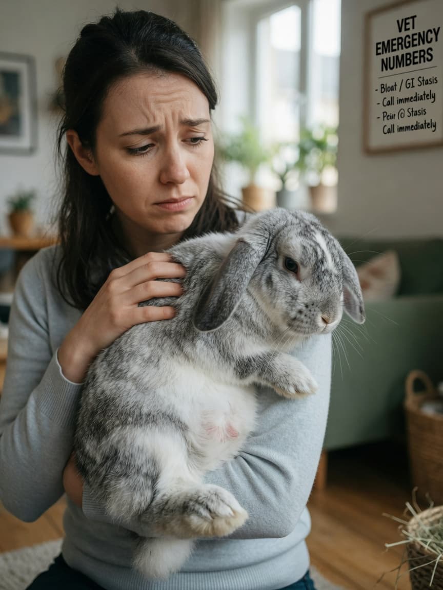 Rabbit owner examining their rabbit's abdomen with concern, noting signs of GI stasis
