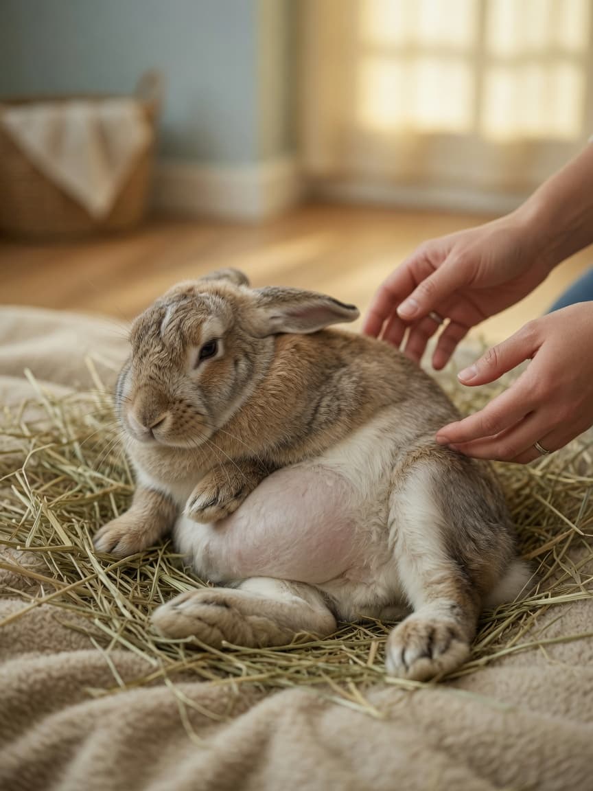 A distressed rabbit with a bloated abdomen in a hunched posture on hay, owner's hands gently examining it, showing signs of GI stasis pain and lethargy