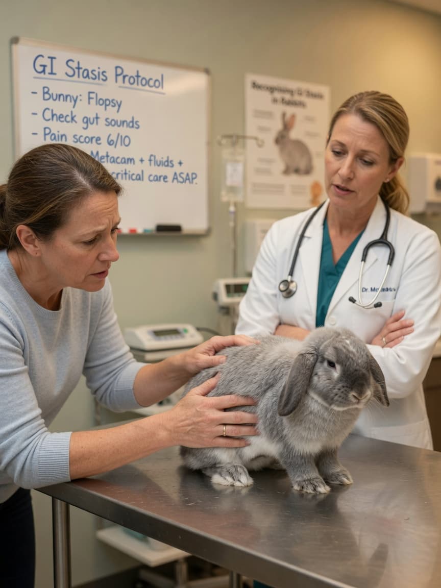 Rabbit owner examining their rabbit's abdomen during a veterinary emergency visit for suspected GI stasis