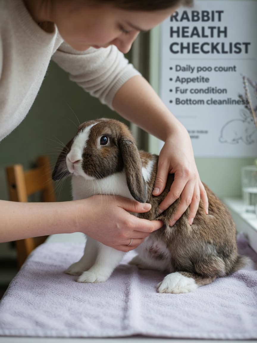 Rabbit owner gently examining a lop-eared rabbit for health signs during a home wellness check with natural window light