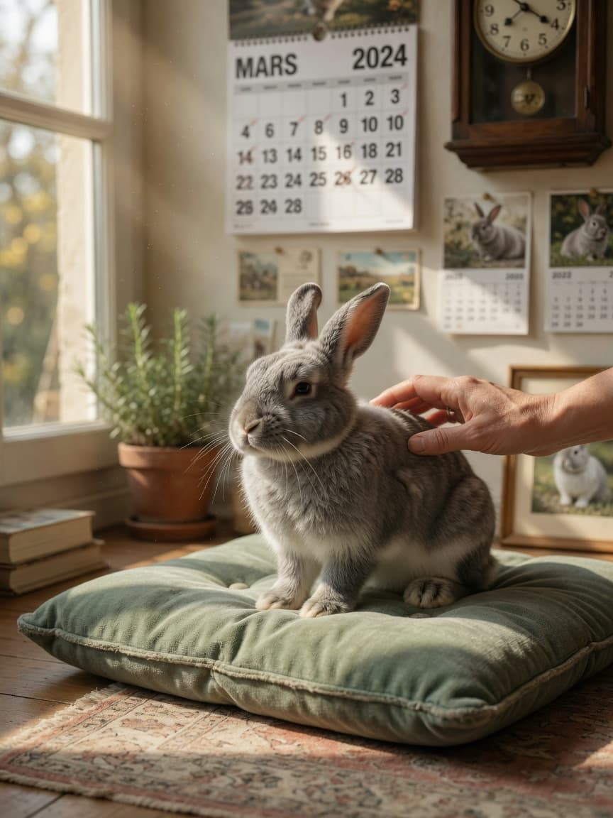 A healthy adult rabbit with soft gray and white fur being gently stroked by its owner's hand indoors, with warm natural window light creating a calm, companionable scene