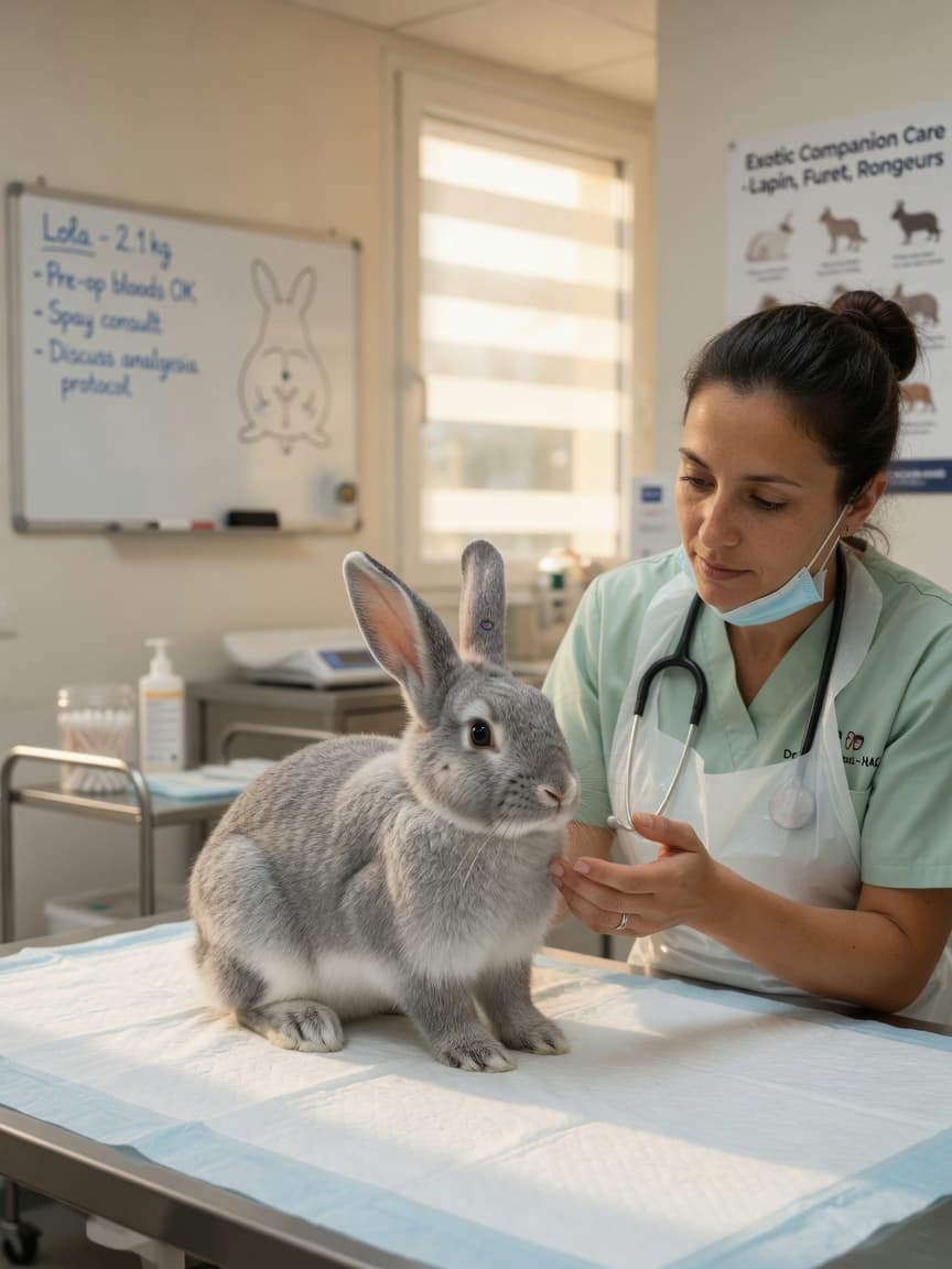 A calm female rabbit at a veterinary consultation with an exotic animal specialist in a modern clinic setting.
