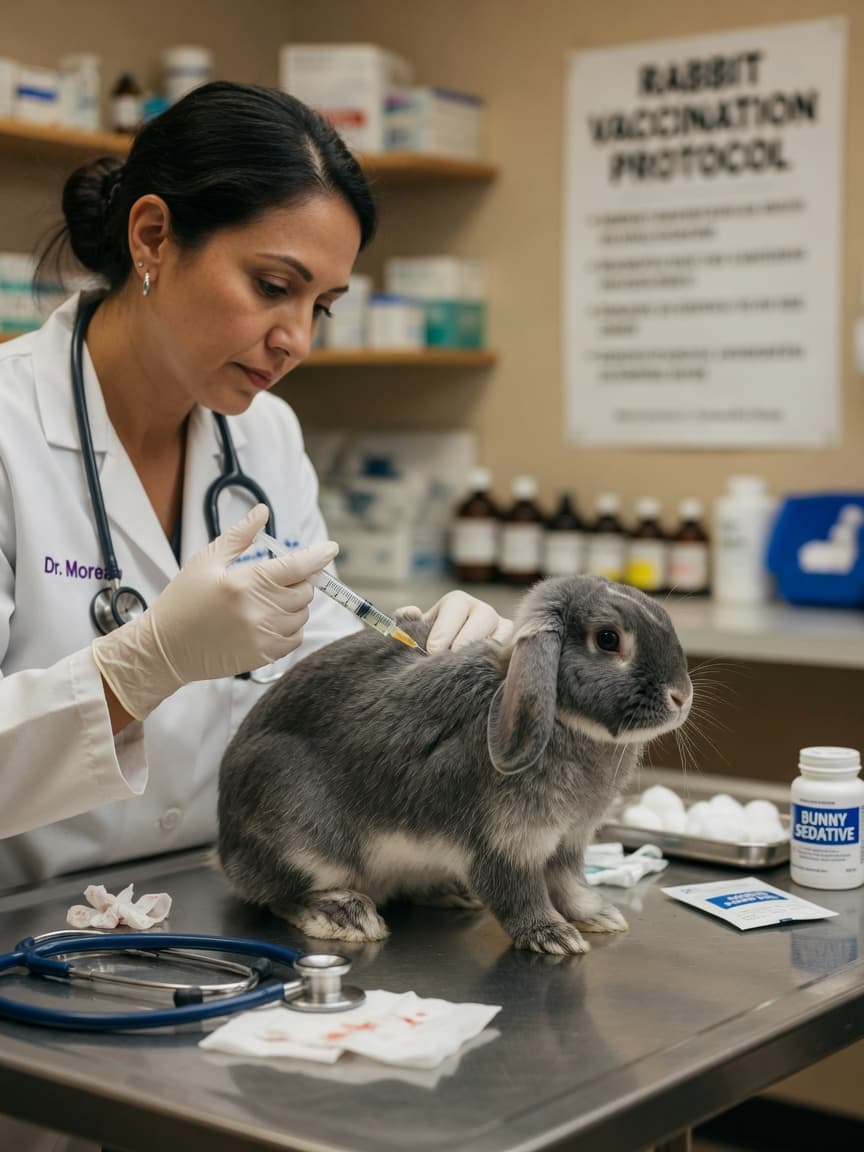 Veterinarian administering RVHD vaccination injection to a grey and white rabbit on examination table