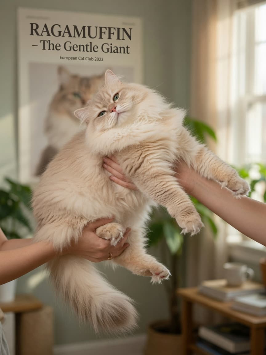 A large Ragamuffin cat with cream-colored semi-long plush coat being held completely limp and boneless by an owner's hands, demonstrating the breed's signature gentle trait