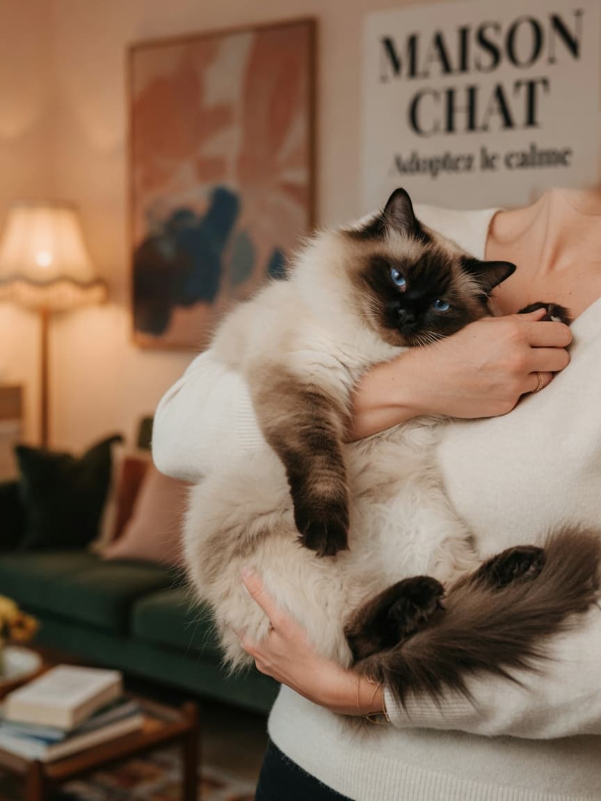 A large Ragdoll cat with blue eyes and color-pointed coat being gently held and cradled in an owner's arms, demonstrating the breed's characteristic limp, relaxed posture