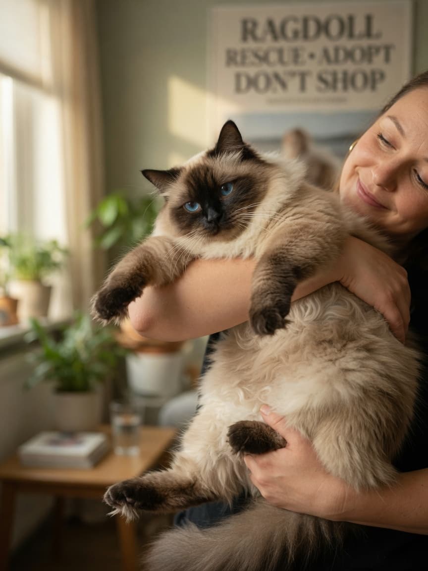 A seal-point Ragdoll cat with blue eyes draped limply across an owner's arms, demonstrating the breed's characteristic gentle and floppy temperament.
