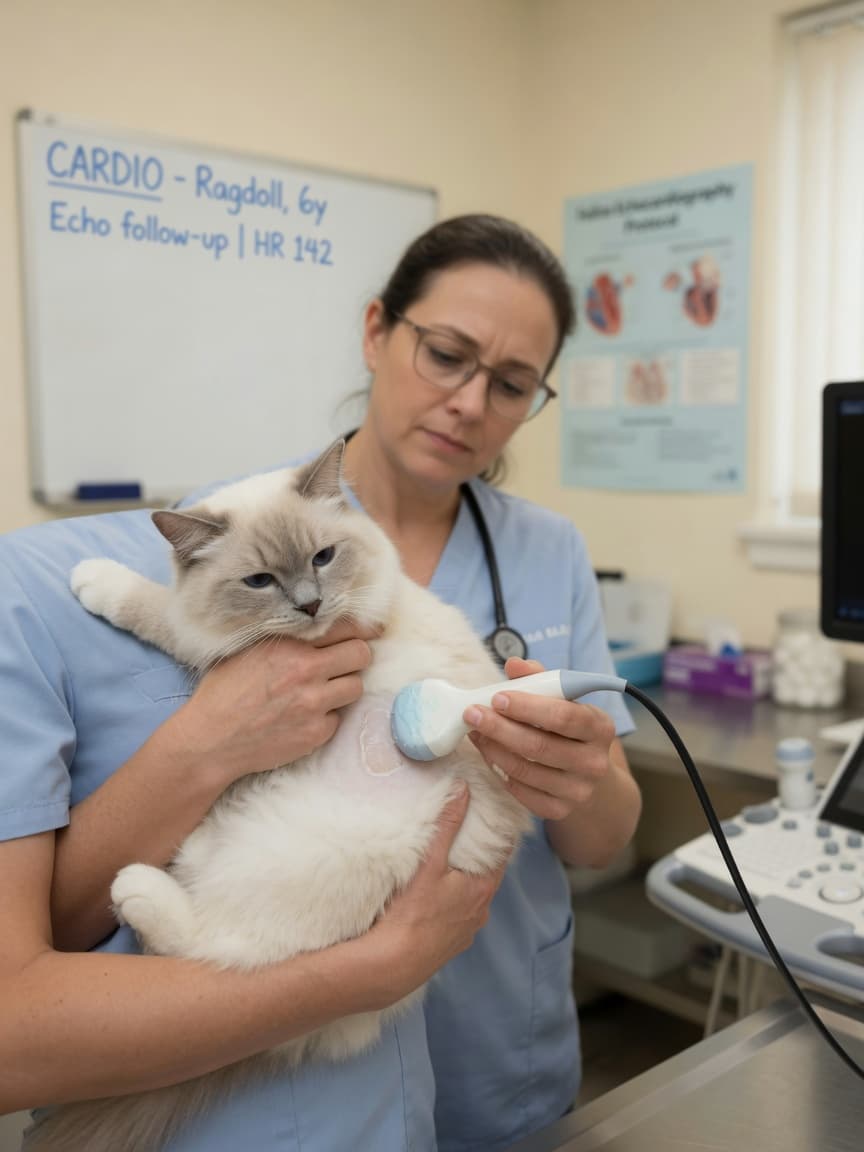 Ragdoll cat receiving cardiac ultrasound screening during veterinary examination