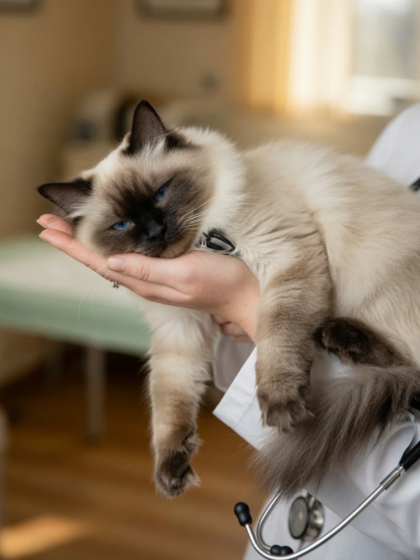 Blue-eyed Ragdoll cat with cream and seal colorpoint coat going limp in owner's hands during veterinary examination with stethoscope visible