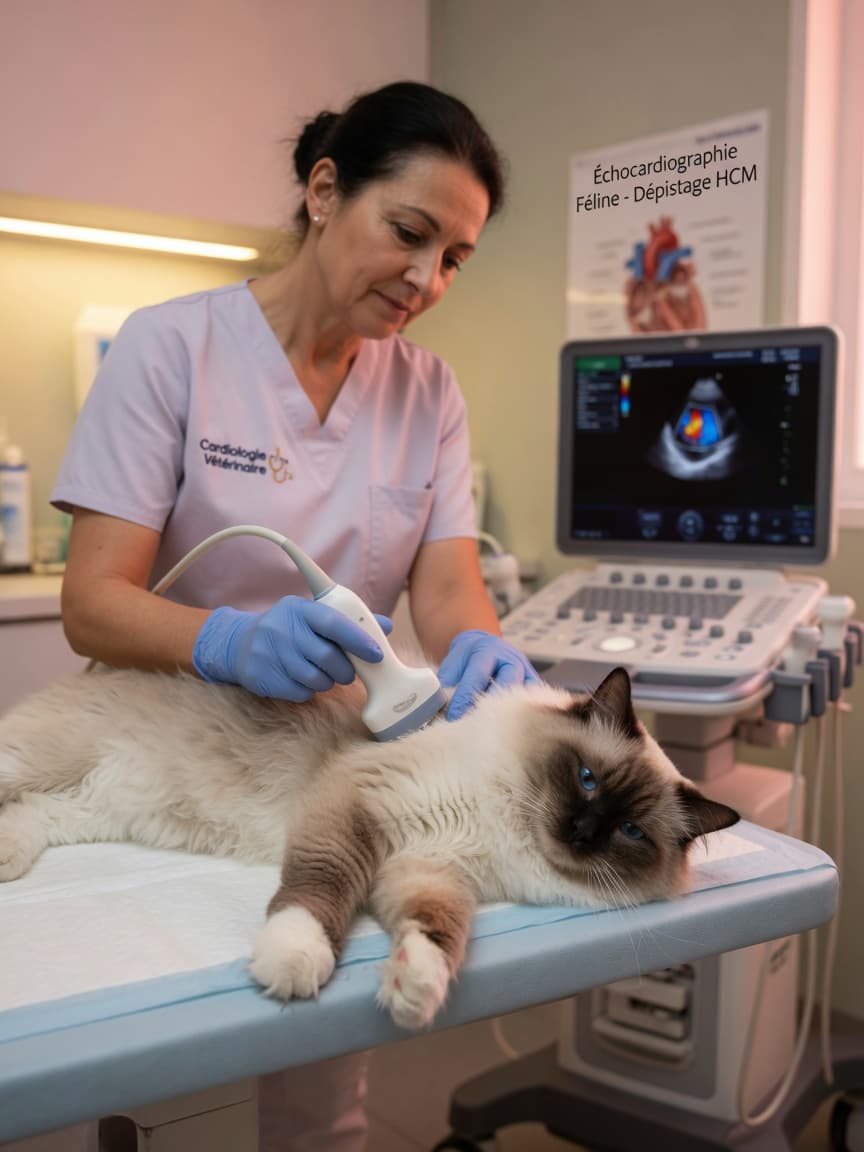 Veterinary cardiologist performing echocardiography ultrasound examination on a blue-eyed Ragdoll cat with colorpoint coat during cardiac screening