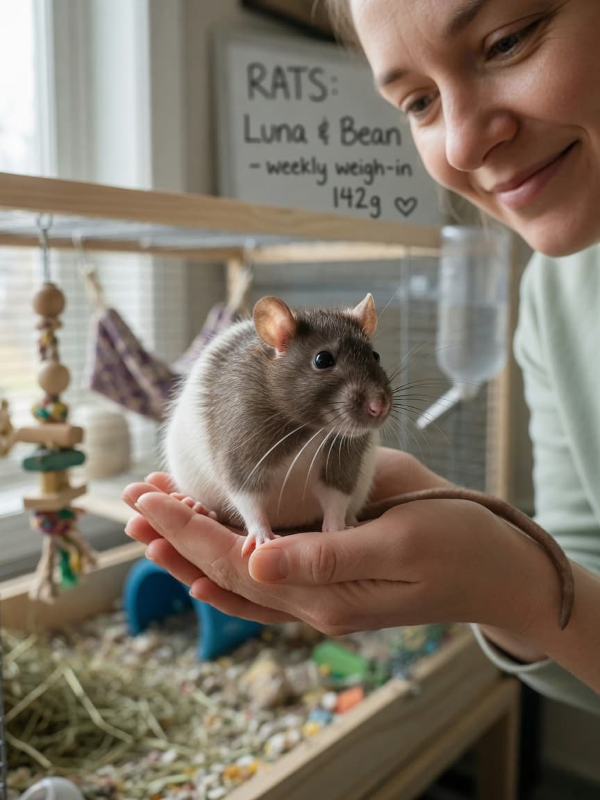 Brown and white domestic rat being gently held in caretaker's hands, showing alert expression and prominent whiskers.