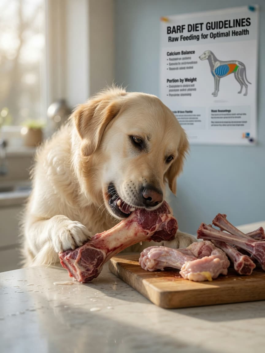 Golden retriever gnawing on a raw beef knuckle bone at a kitchen counter with fresh raw bones arranged on a wooden cutting board nearby