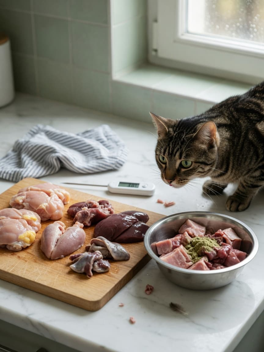 Raw cat food ingredients and preparation with tabby cat observing from kitchen counter