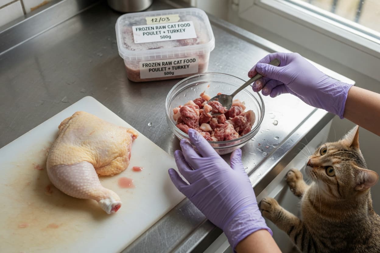 Raw cat food preparation showing fresh meat on a cutting board with a tabby cat watching nearby, gloved hands handling the food