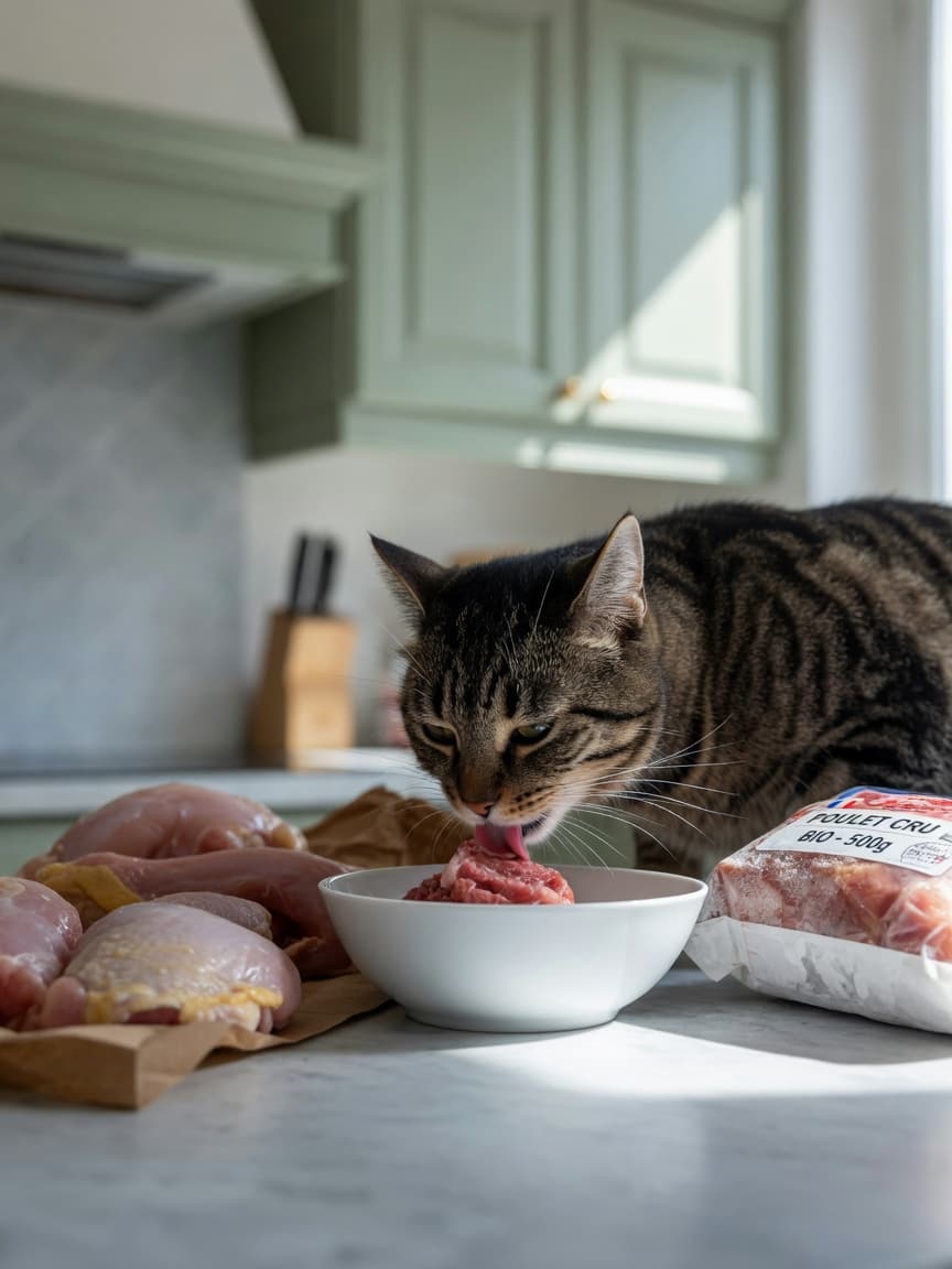 Tabby cat eating raw meat from a bowl with fresh chicken and frozen meat package on kitchen counter