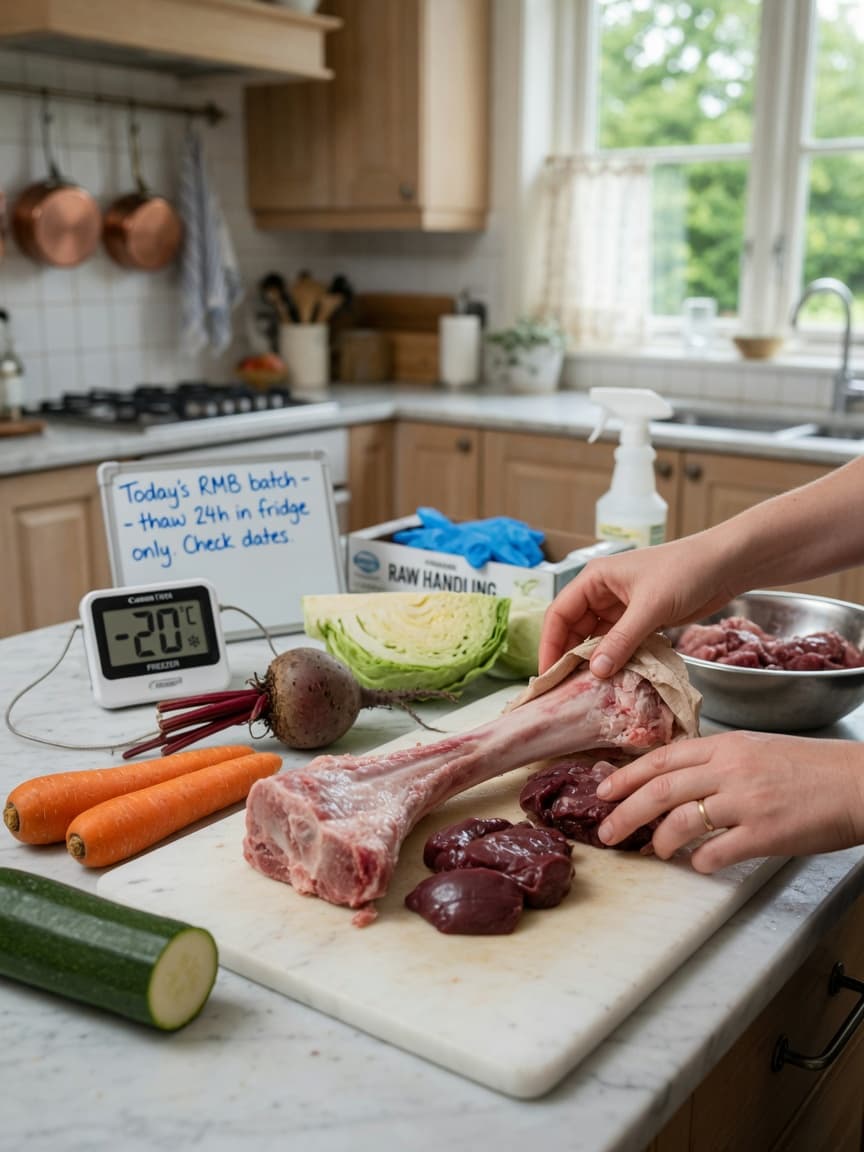 Raw meat ingredients and preparation for dog feeding on a kitchen counter with temperature monitoring