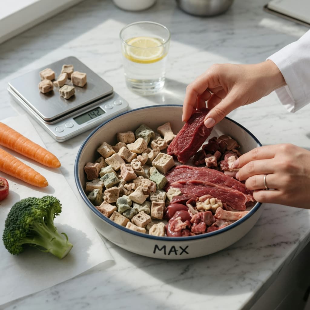 Overhead view of freeze-dried and fresh raw dog food arranged on a marble countertop with measuring scale and fresh vegetables, hands of a nutritionist organizing ingredients