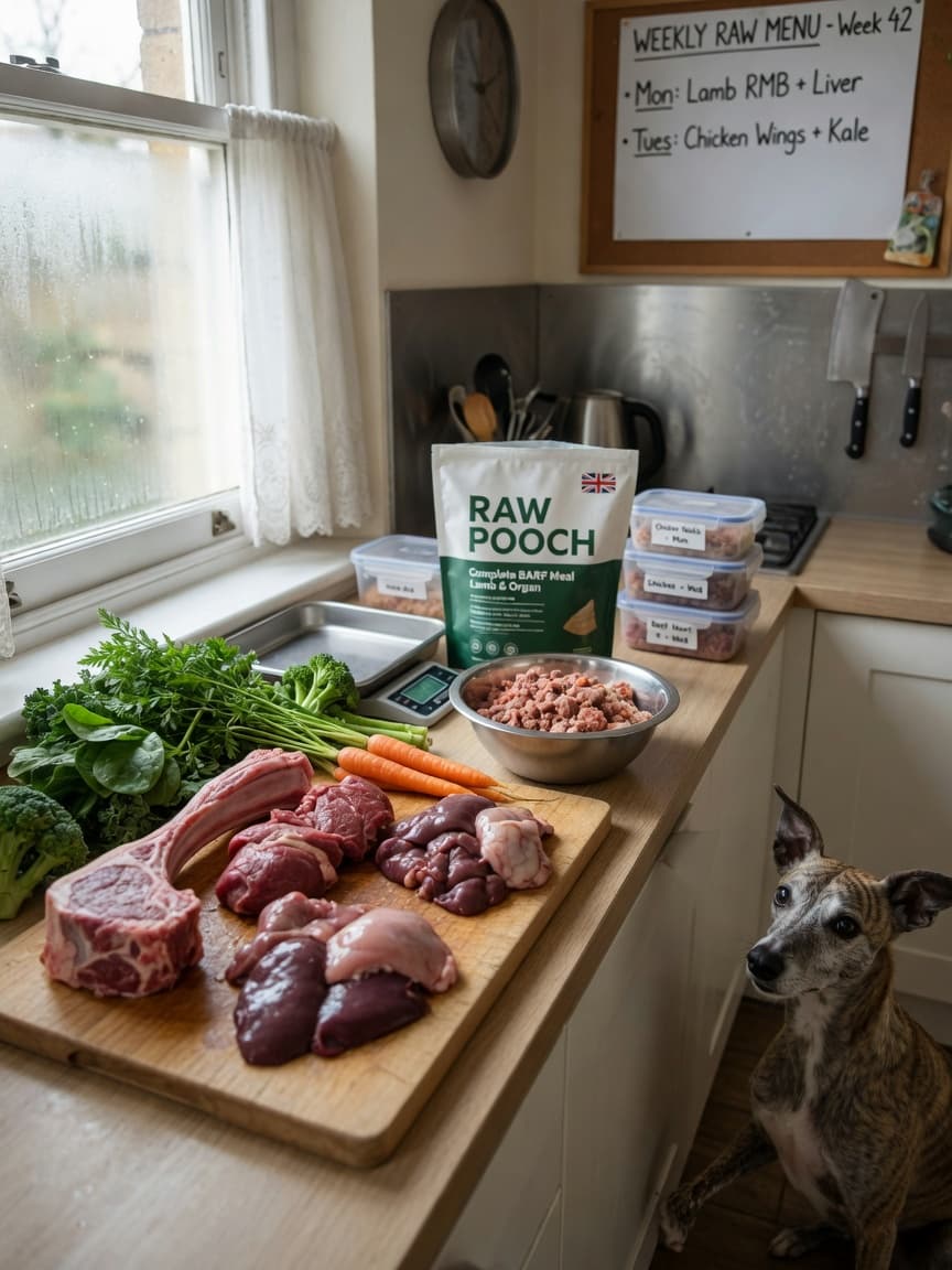 Raw dog food ingredients and commercial raw dog food product on a kitchen counter with a dog watching nearby