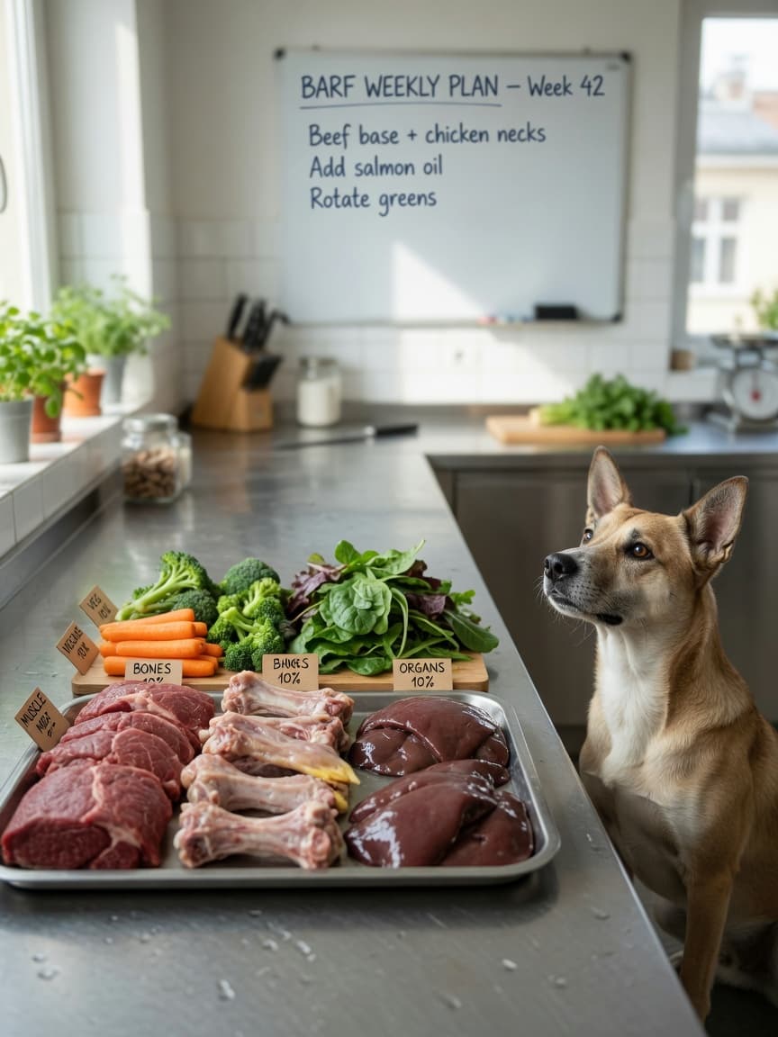 Raw dog food components including raw meat, bones, organs and vegetables arranged on a kitchen counter with a watchful dog beside it