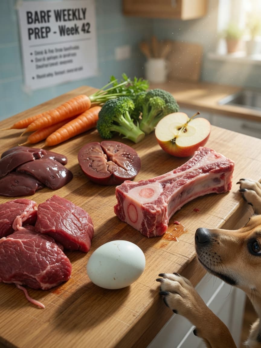 Raw dog food components including meat, bones, organs, and vegetables arranged on a cutting board with a curious dog nearby