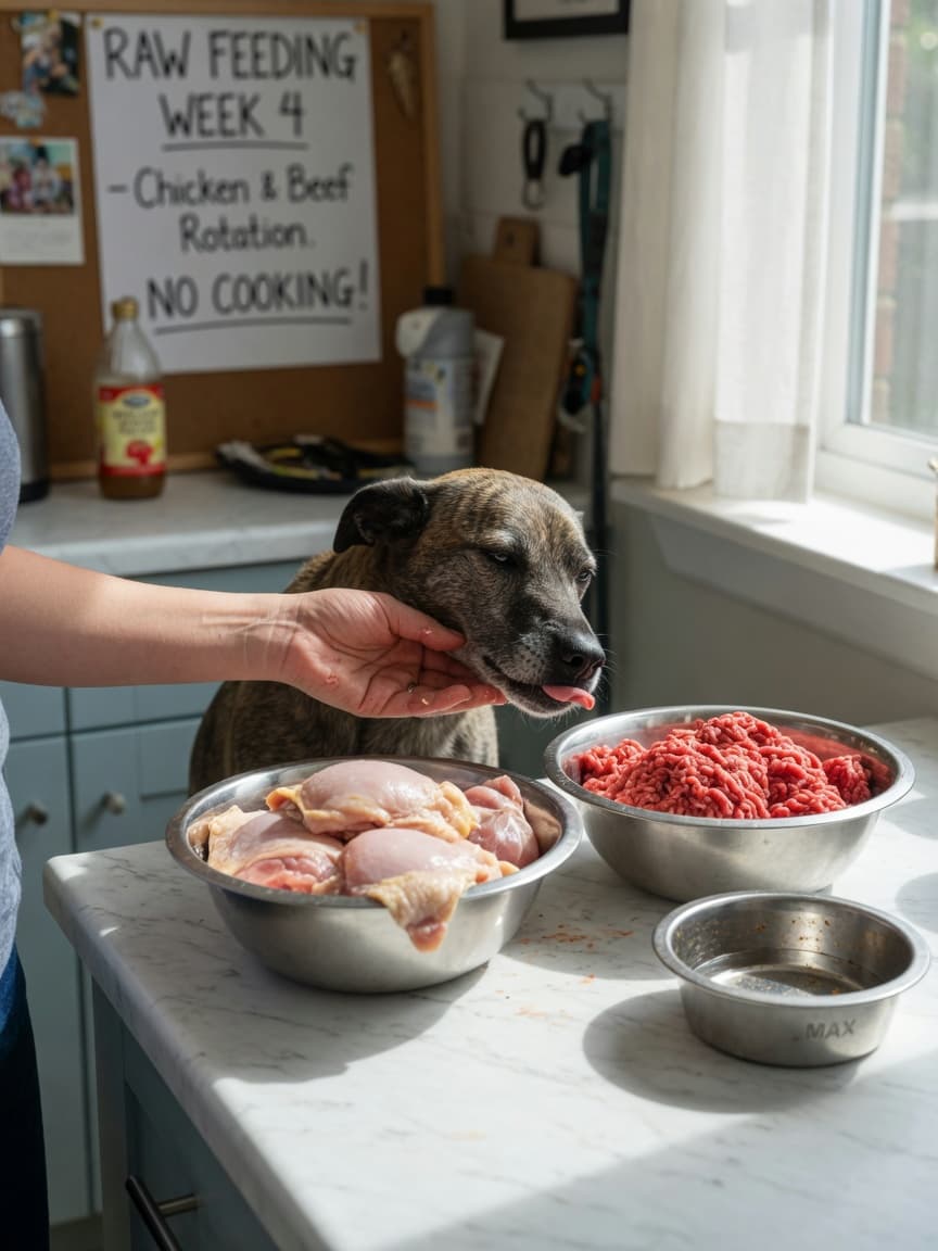 Raw meat in stainless steel bowls on a kitchen counter with a dog's food dish nearby and a person's hand reaching toward the dog, illustrating potential bacterial transmission during raw feeding.