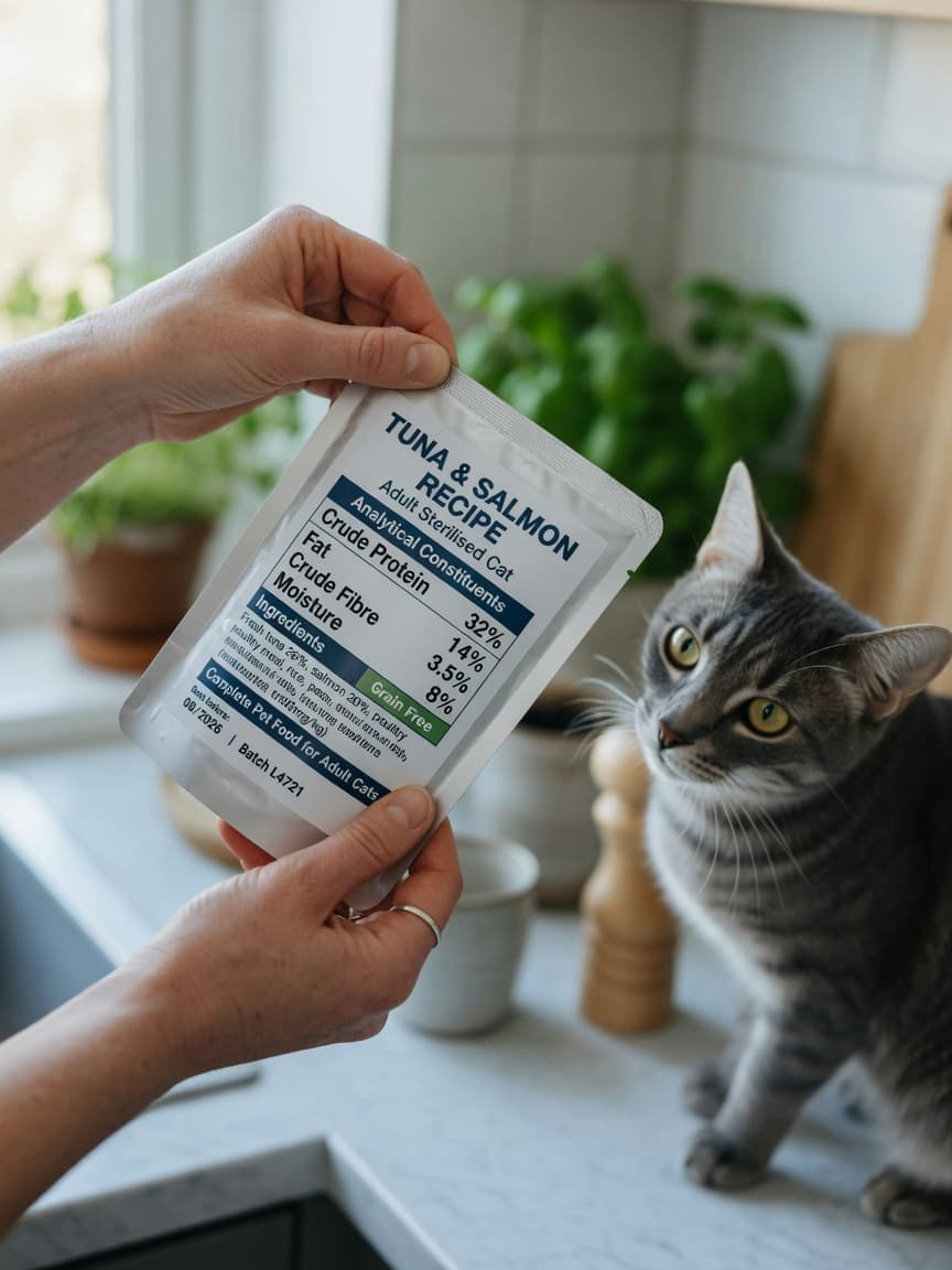 Hands reading a cat food label in a kitchen with an attentive cat nearby