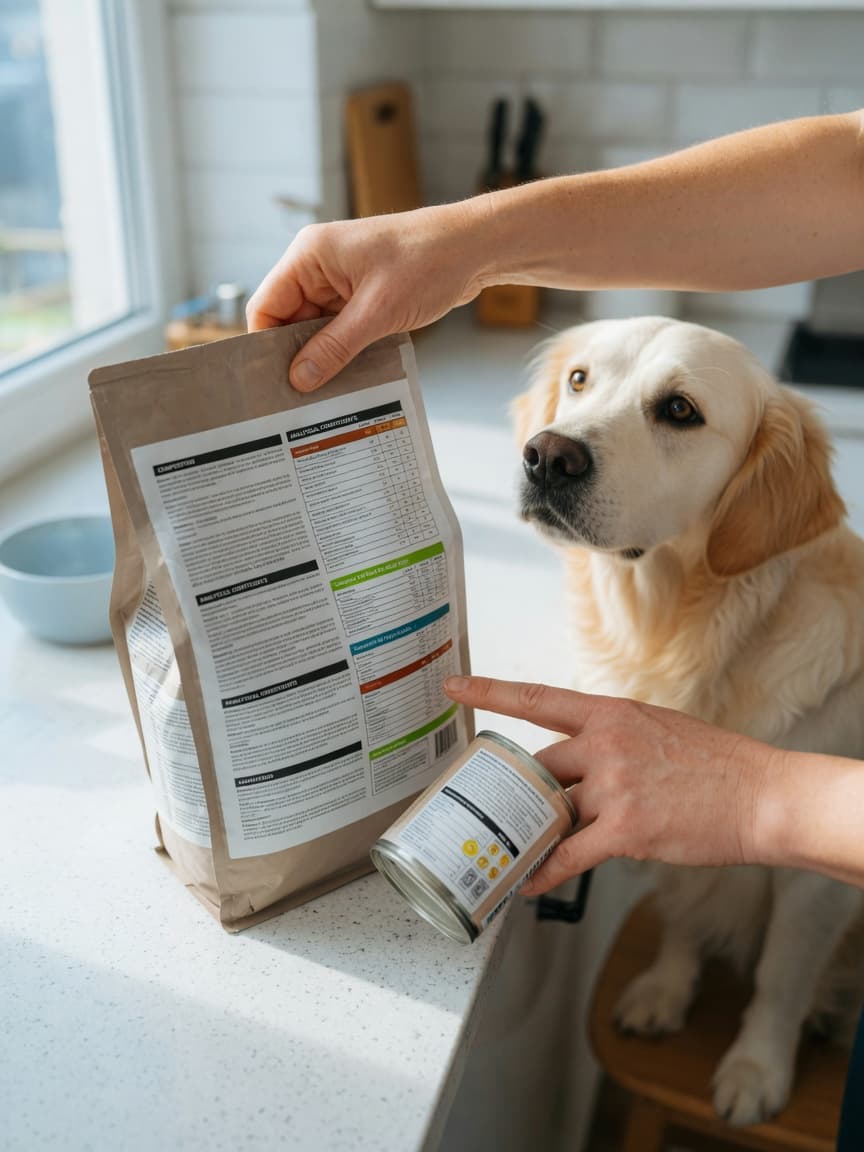 Pet owner examining food label on bag and tin while golden retriever watches from kitchen counter