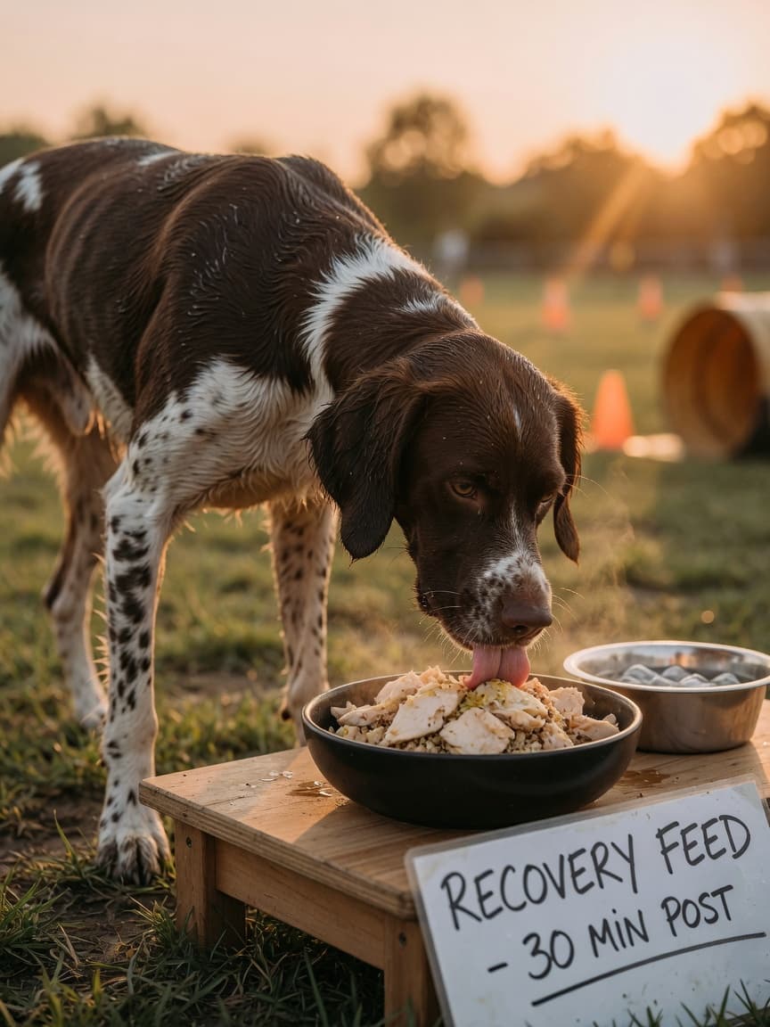 Athletic sporting dog eating recovery meal immediately after exercise, demonstrating optimal post-work nutrition timing