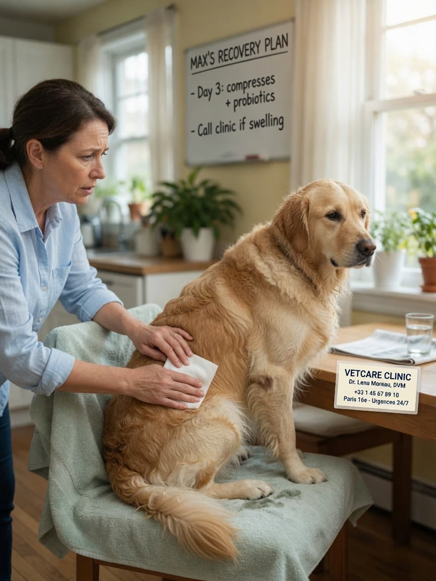 Pet owner providing first aid to dog with dampened gauze pad during potential rectal prolapse emergency