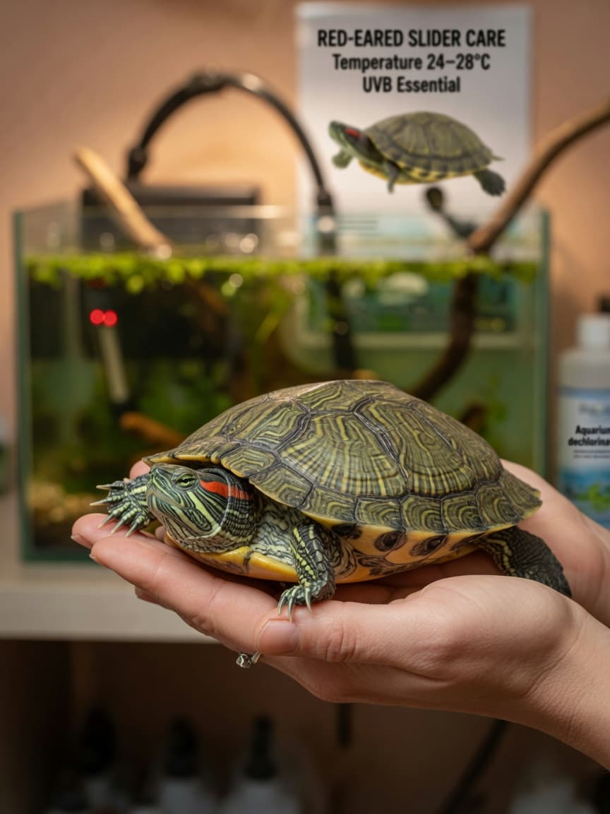 Red-eared slider turtle being held carefully in human hands, showing distinctive red ear patches and green shell